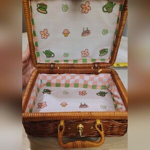 Vintage Barnes & Noble Wicker Picnic Basket with Patterned Lining Tea Set Basket